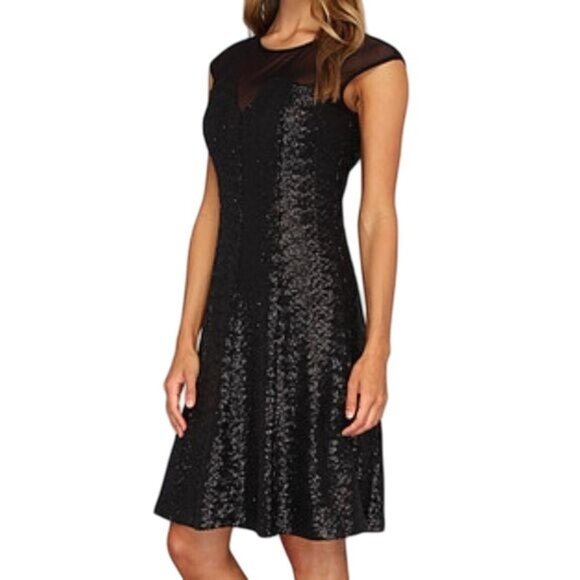 NWT Calvin Klein Black Sequin Mesh Fit & Flare Cap Sleeve Cocktail Party Dress 6 - Picture 1 of 8